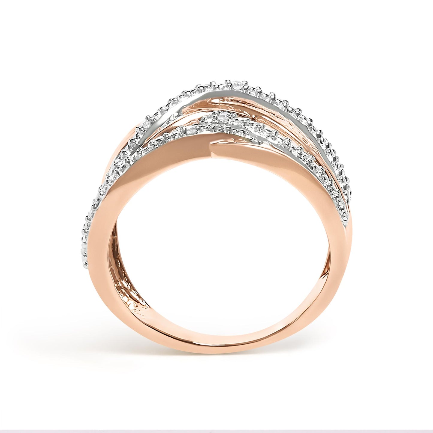 Close-up front view of a rose-colored ring featuring multiple curved bands adorned with white round pave-set gemstones.