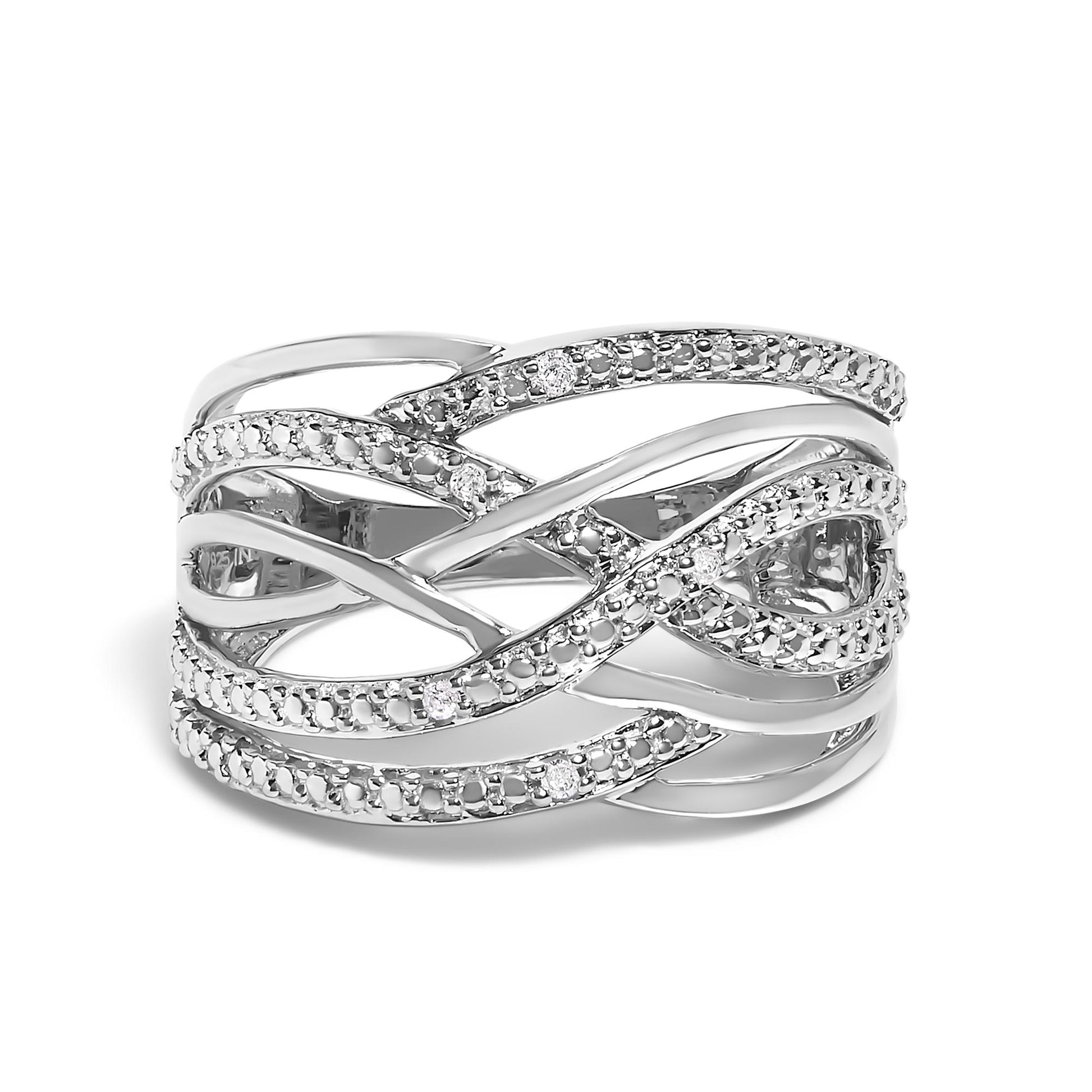 White metal ring with intertwined bands, some set with round white gemstones in a pave setting, front angle view.