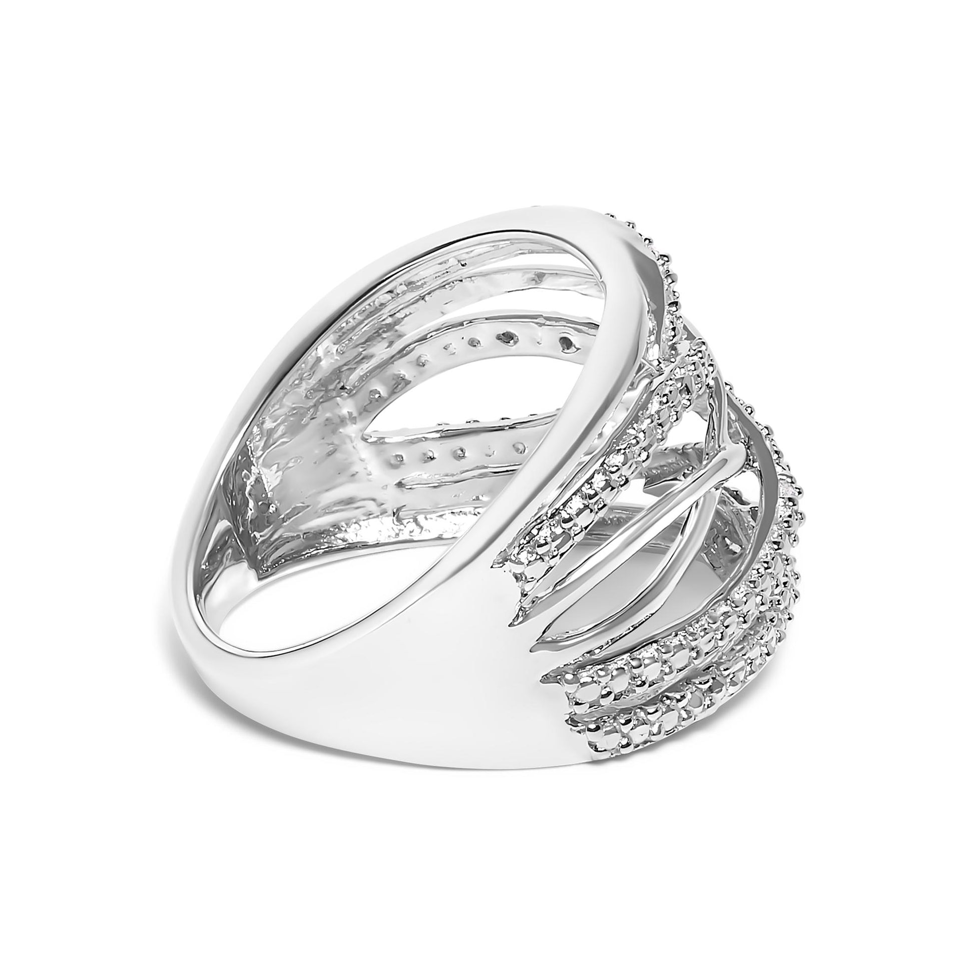 White metal ring with intertwined design featuring rows of round white gemstones in pave setting, angled front view.