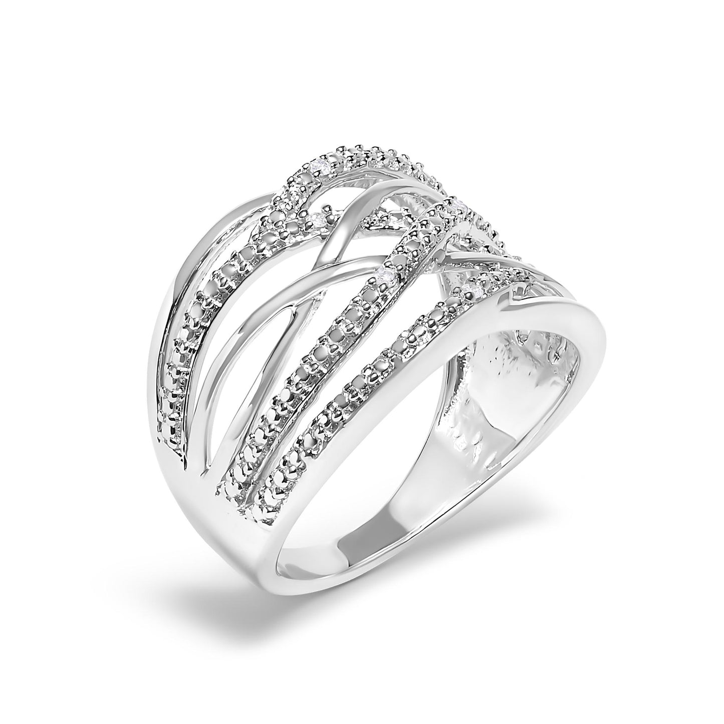 White metal ring with crisscrossing bands featuring round white gemstones in pave setting, shown at an angled front view.