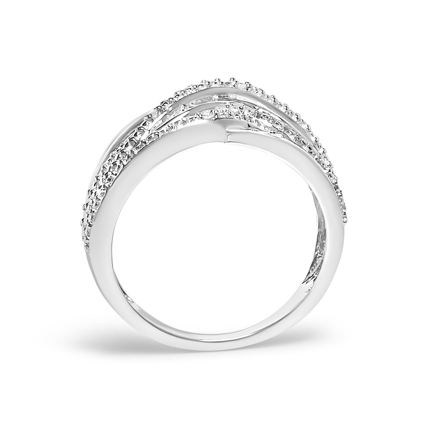 White metal ring with three overlapping bands adorned with white gemstones in pave setting, shown from the side on a white background.
