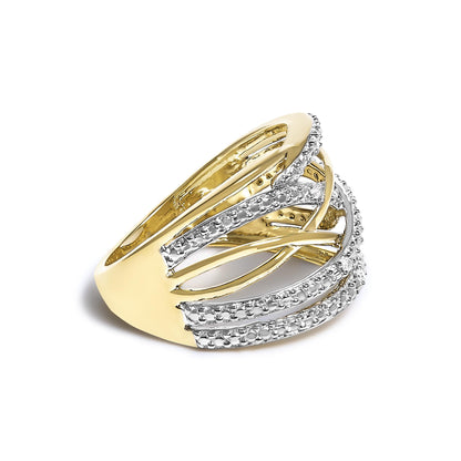 Yellow metal ring with an openwork design featuring curved bands accented with pave-set white round gemstones, shown at a slight angle.