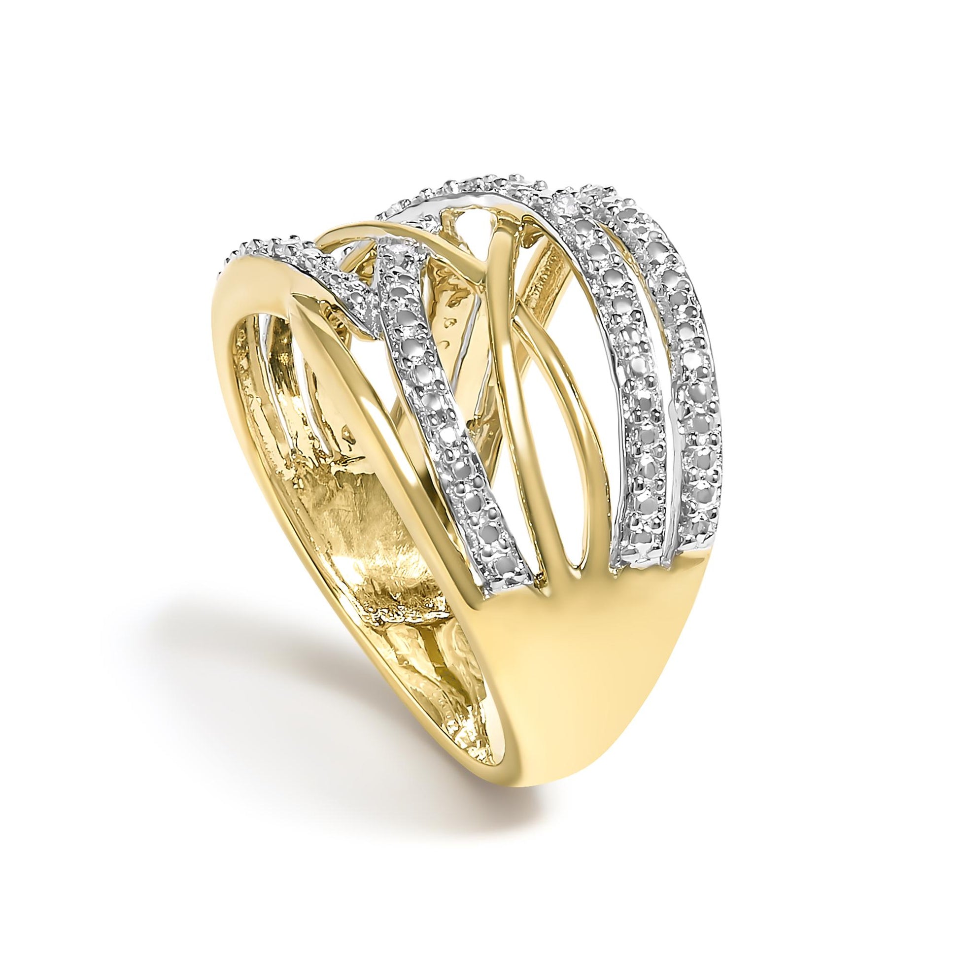Yellow ring with crisscrossing bands, featuring white gemstones in pave setting, shown at an angled front view.