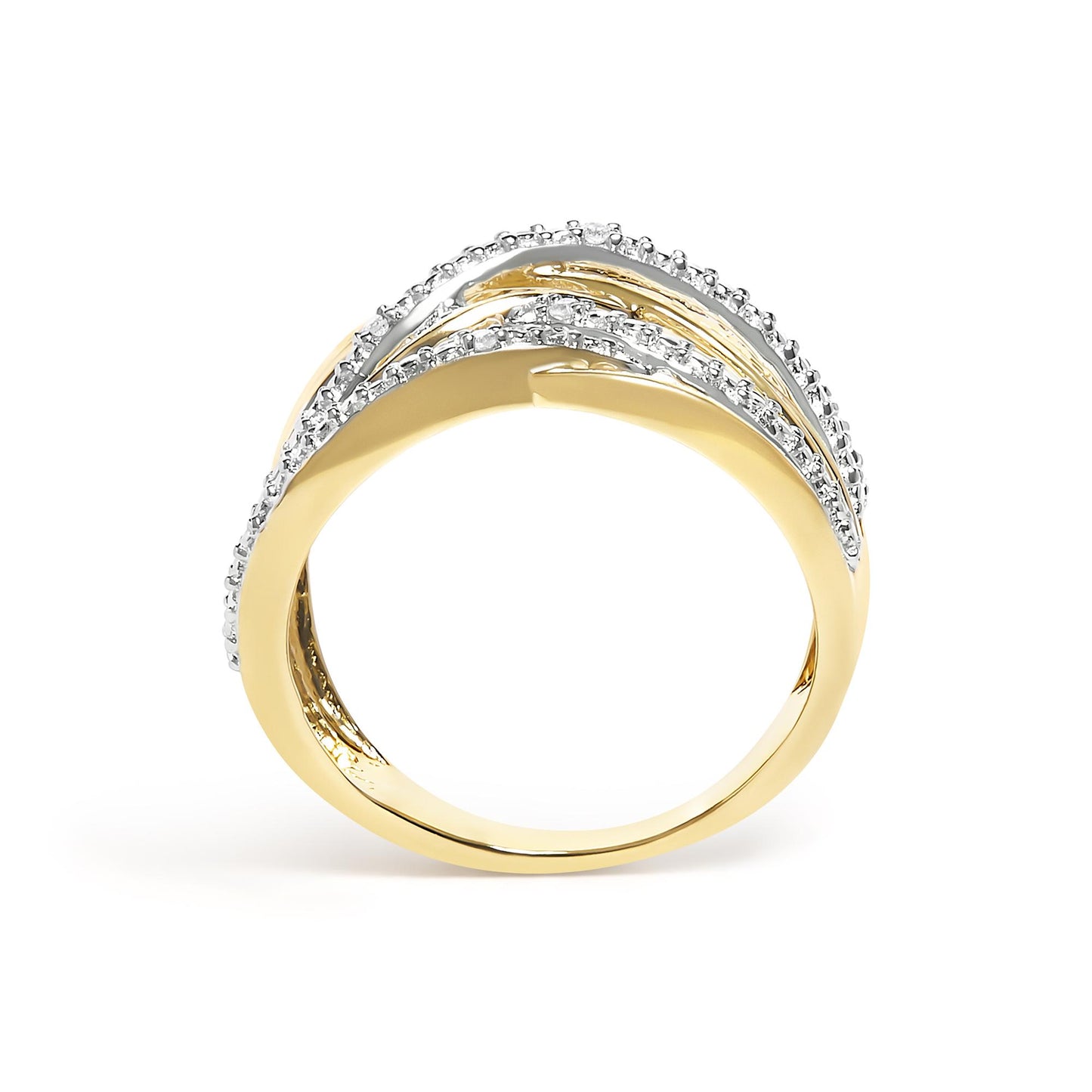 Ring with a yellow metal band and five white round gemstones in a pave setting, shown from a front angle on a white background.