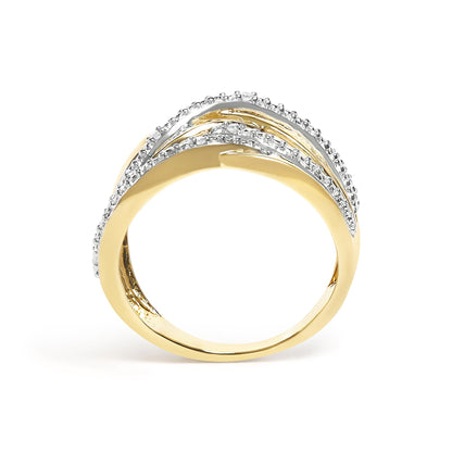 Ring with a yellow metal band and five white round gemstones in a pave setting, shown from a front angle on a white background.