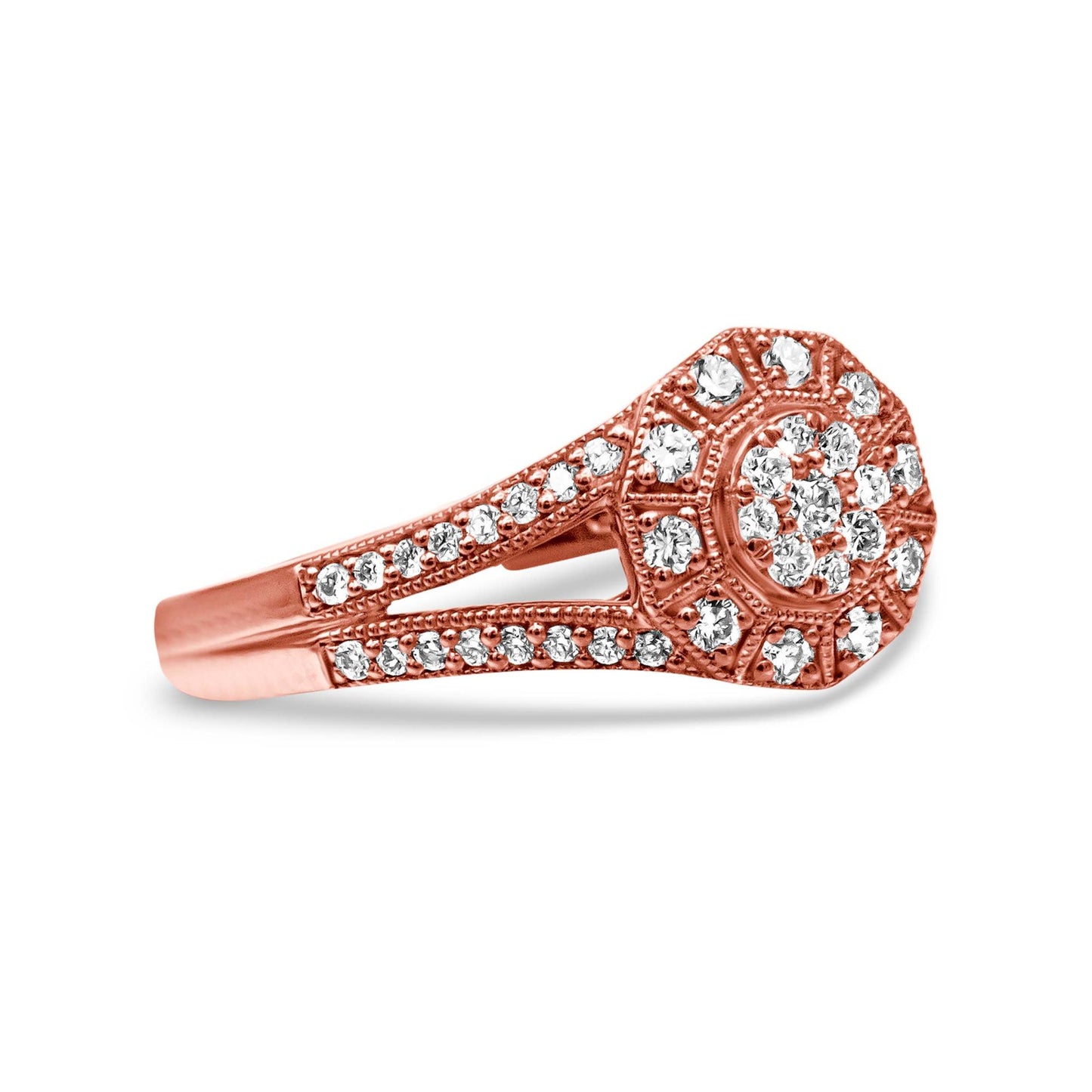 Side angle view of a rose metal ring with white round pave-set gemstones arranged in a circular pattern on the top and along the split shank band.