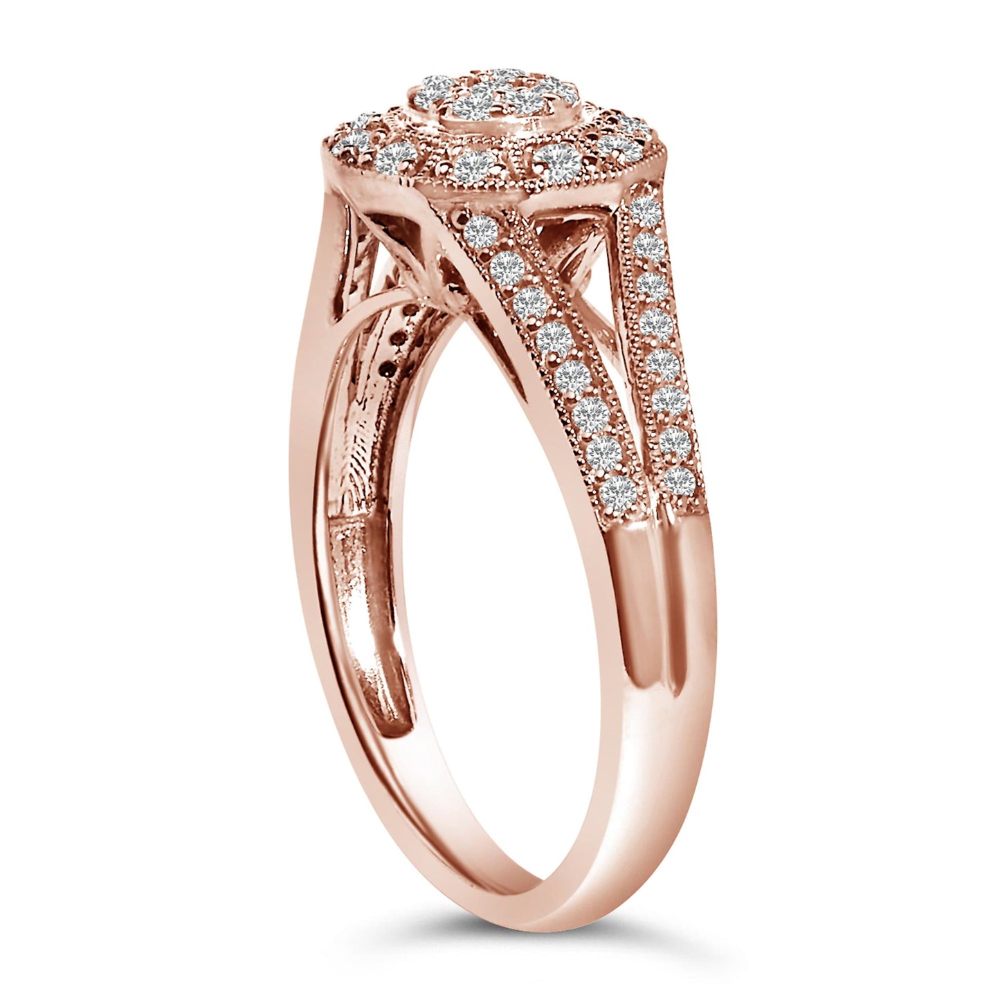 Rose-colored ring shown in a side angle with round white gemstones in pave settings decorating the band and top.