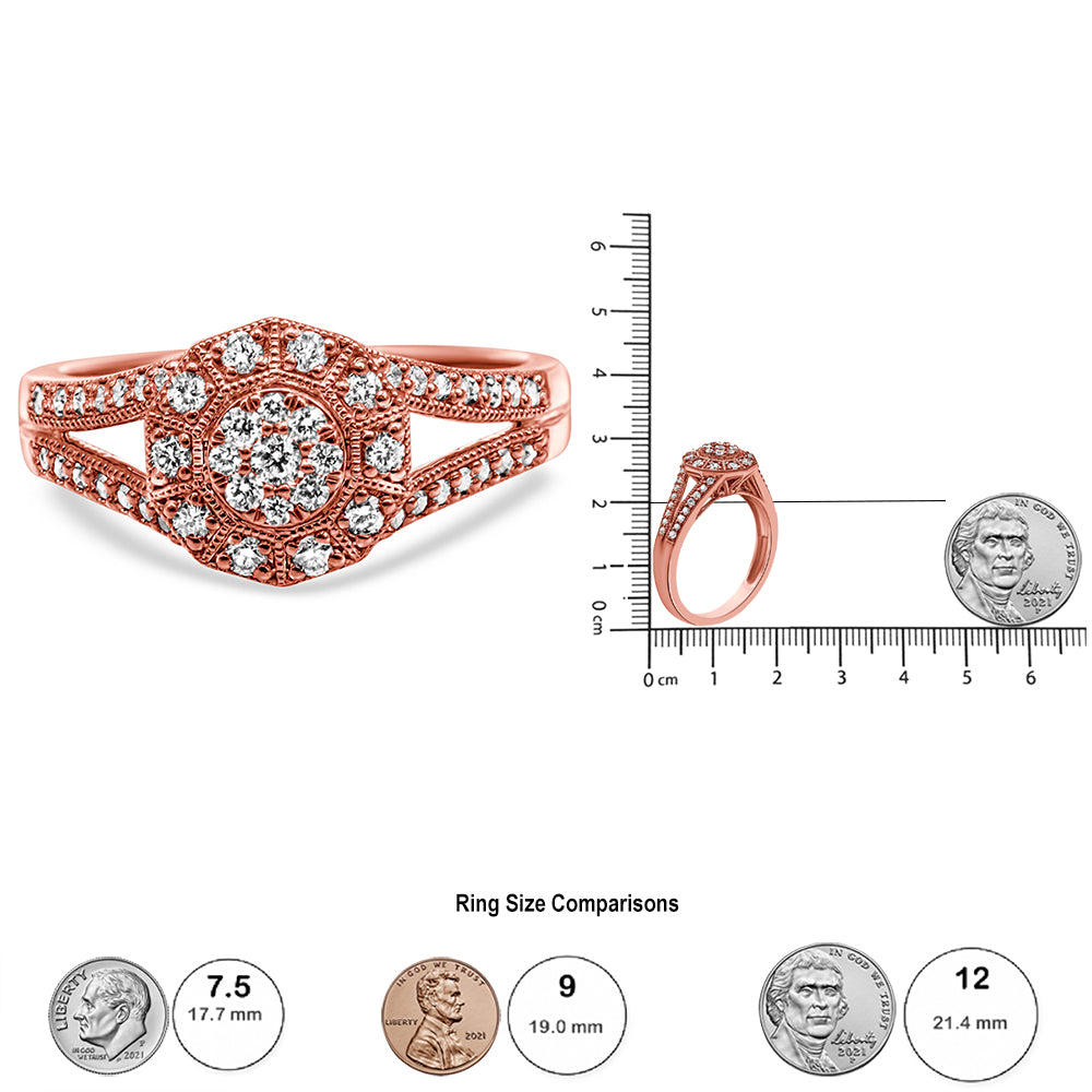 Rose metal ring with pave-set white round gemstones in a detailed, symmetrical design, shown from the front and side angles on a ruler and size comparison chart.