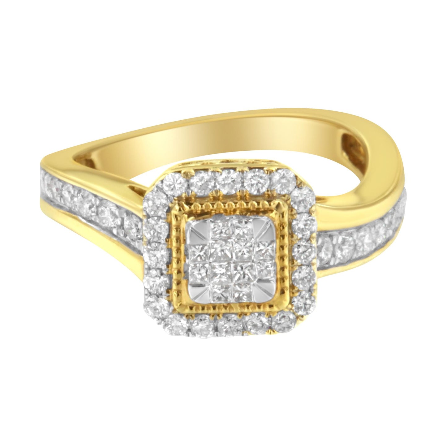 Yellow ring with a square cluster of white princess-shaped gemstones in the center surrounded by a halo of round white gemstones, channel-set round white gemstones along the split shank, shown at a slight angle.