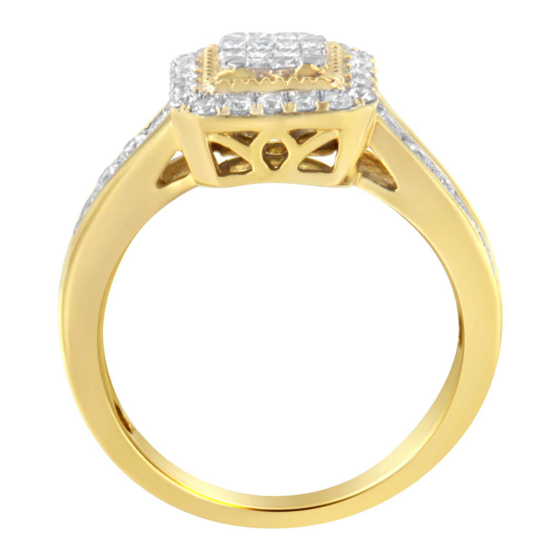 Yellow metal ring with white round and princess shape gemstones, shown from the side angle.