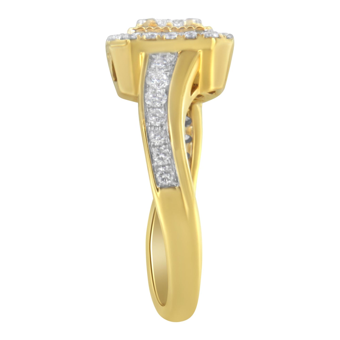 Side view of a yellow metal ring with a twisted band design, featuring a row of white round gemstones set in a channel setting along the band and white princess-shaped gemstones in an invisible setting on the top.