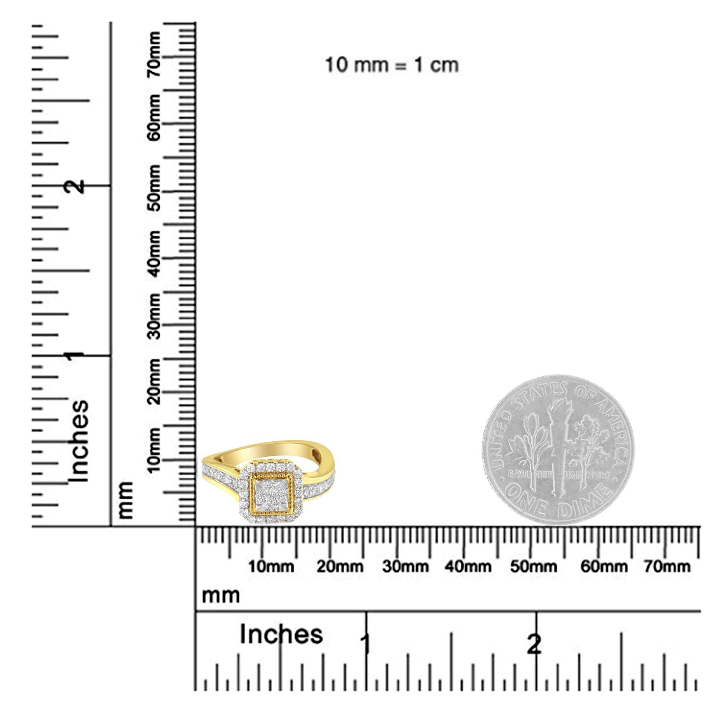 Yellow metal ring with a square cluster of princess-shaped white gemstones in the center, surrounded by a border of round-shaped white gemstones along the band, shown on a ruler and scale for size reference, photographed from the front angle.