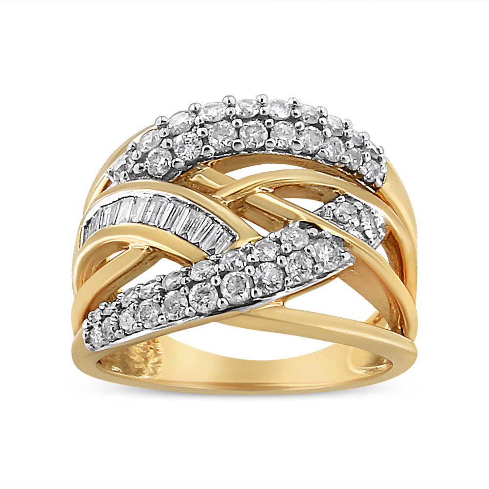 Front angle view of a yellow and white metal ring with overlapping bands accented by white round and baguette shape gemstones in prong and channel settings.
