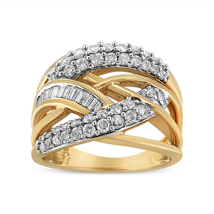 Front angle view of a yellow and white metal ring with overlapping bands accented by white round and baguette shape gemstones in prong and channel settings.