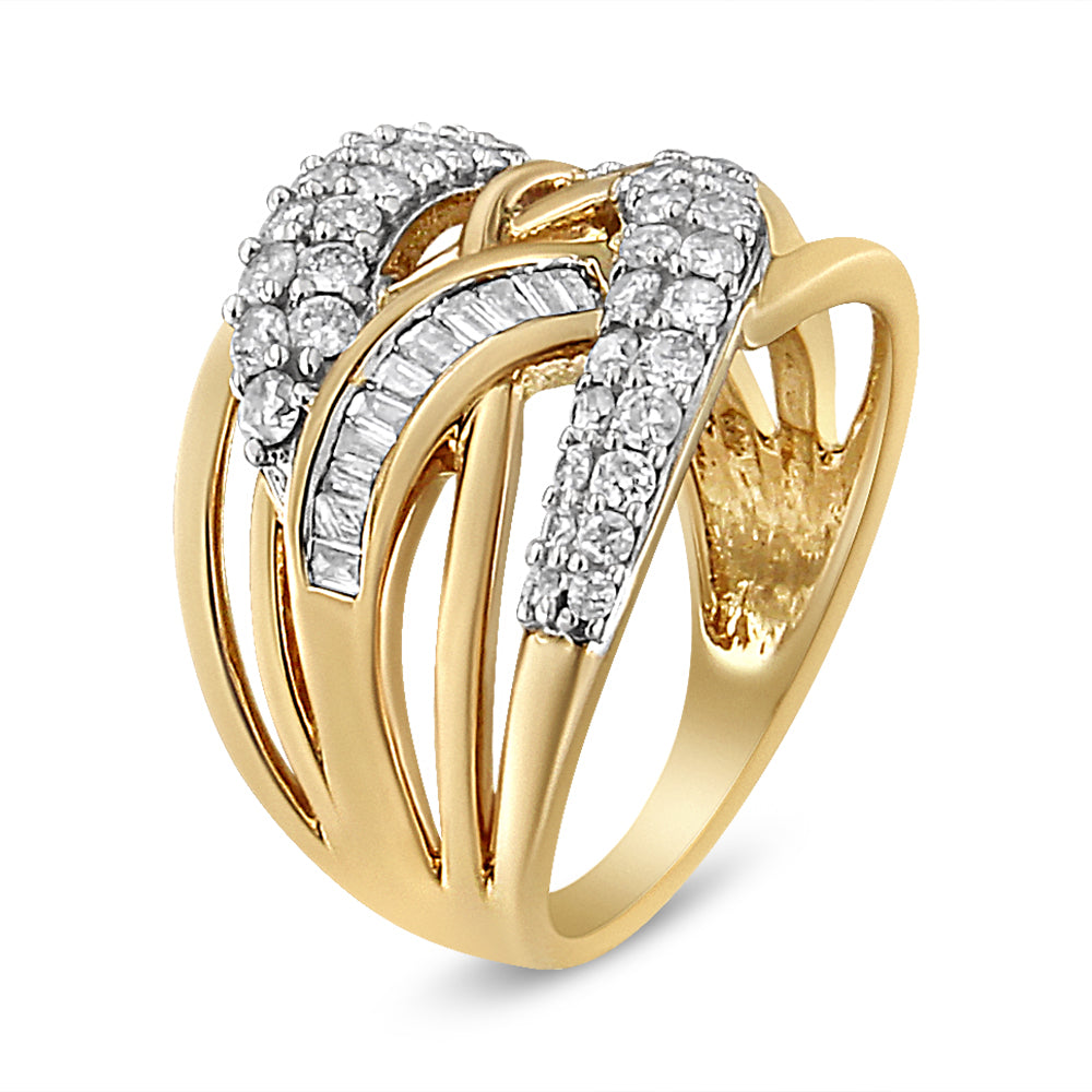 Close-up angled view of a yellow and white metal ring featuring curved bands with channel-set baguette-shaped white gemstones and prong-set round white gemstones.