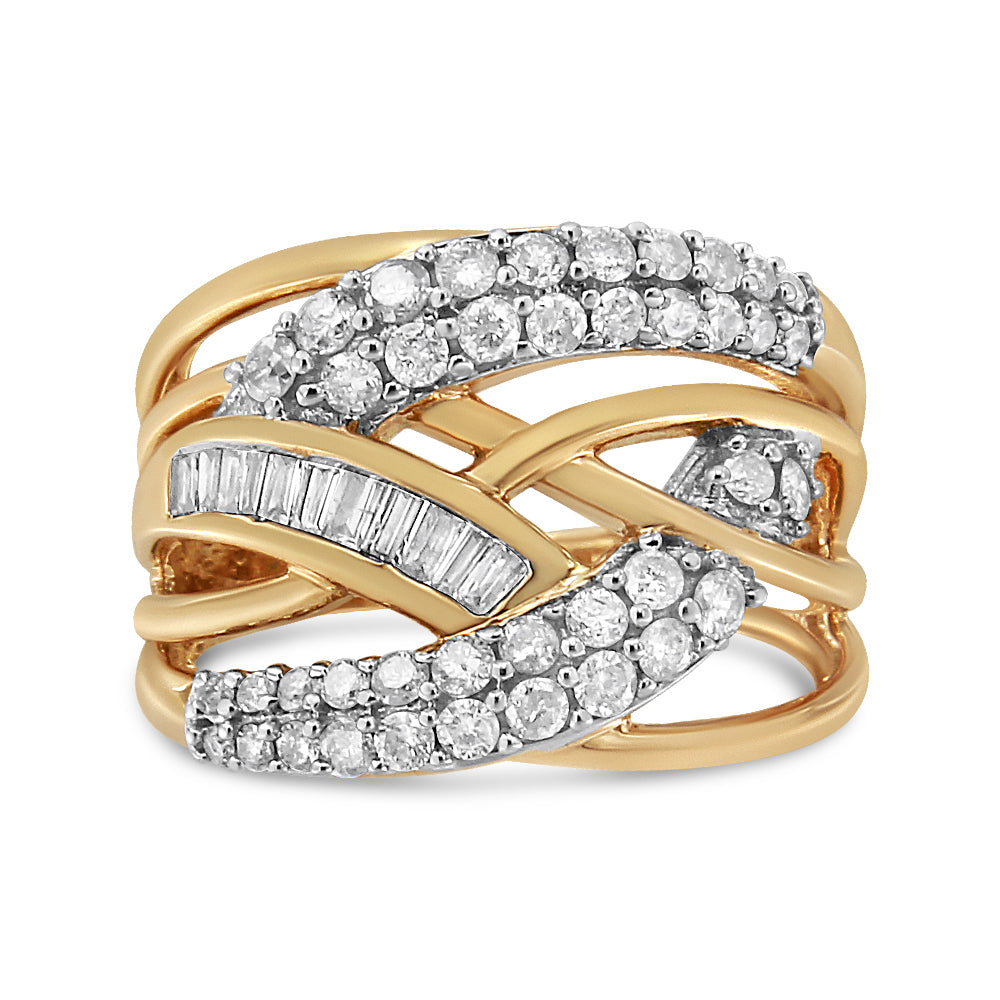 Front view of a multi-band ring with yellow and white metal colors, featuring intertwined bands set with round white gemstones in prong settings and a diagonal row of baguette-shaped white gemstones in a channel setting.