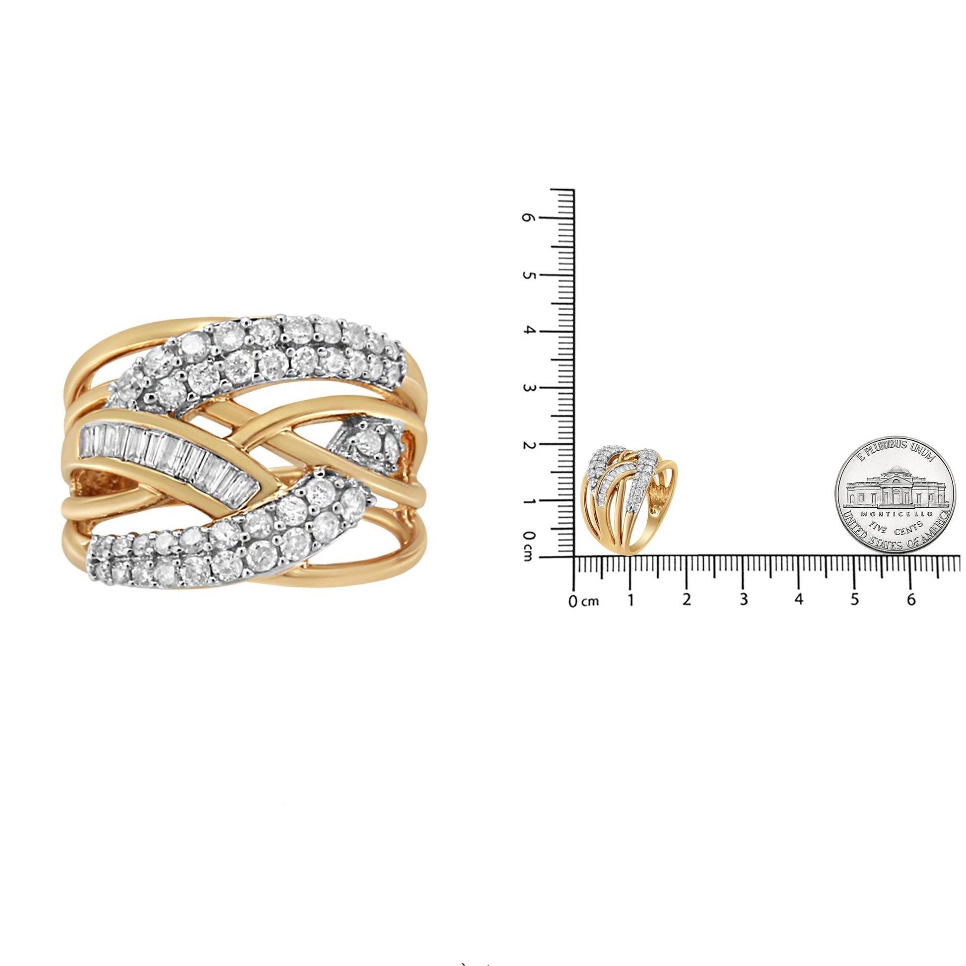 Front angle of a yellow and white metal ring with intertwined bands, featuring rows of white round gemstones in prong settings and a row of white baguette gemstones in a channel setting, shown next to a ruler and coin for size reference.