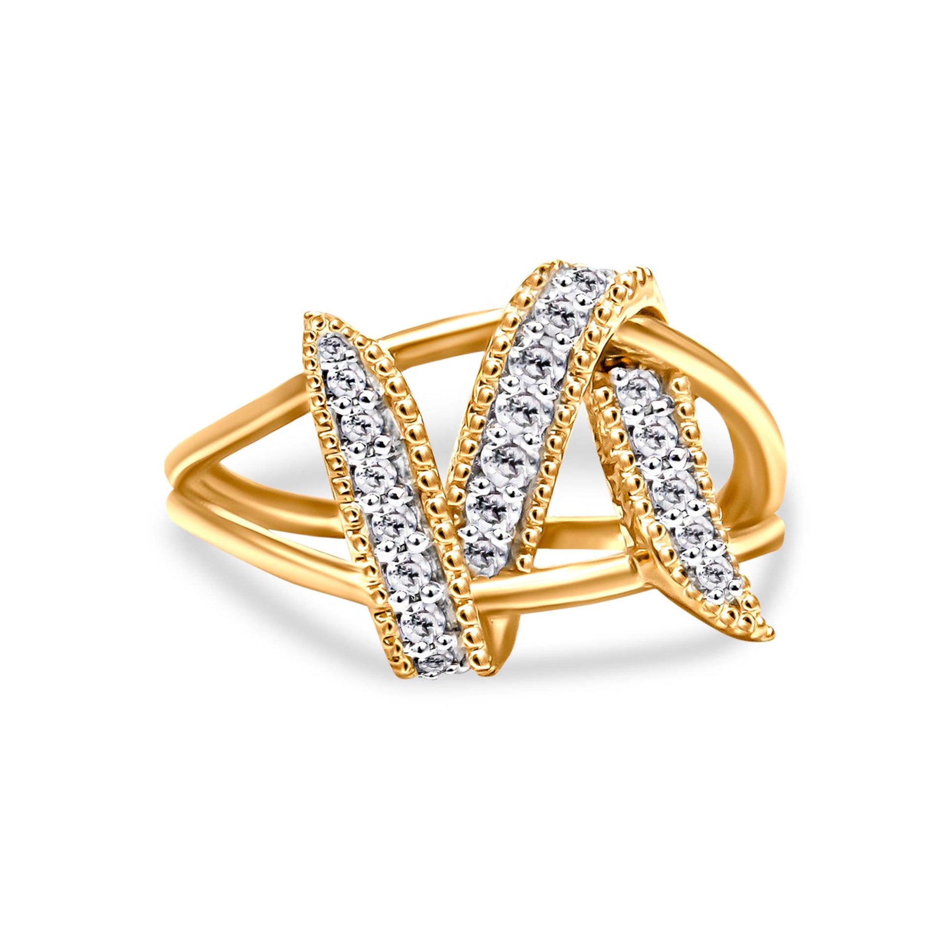 Yellow ring with three curved bands set with round white gemstones in pave setting, shown in a front angle view.