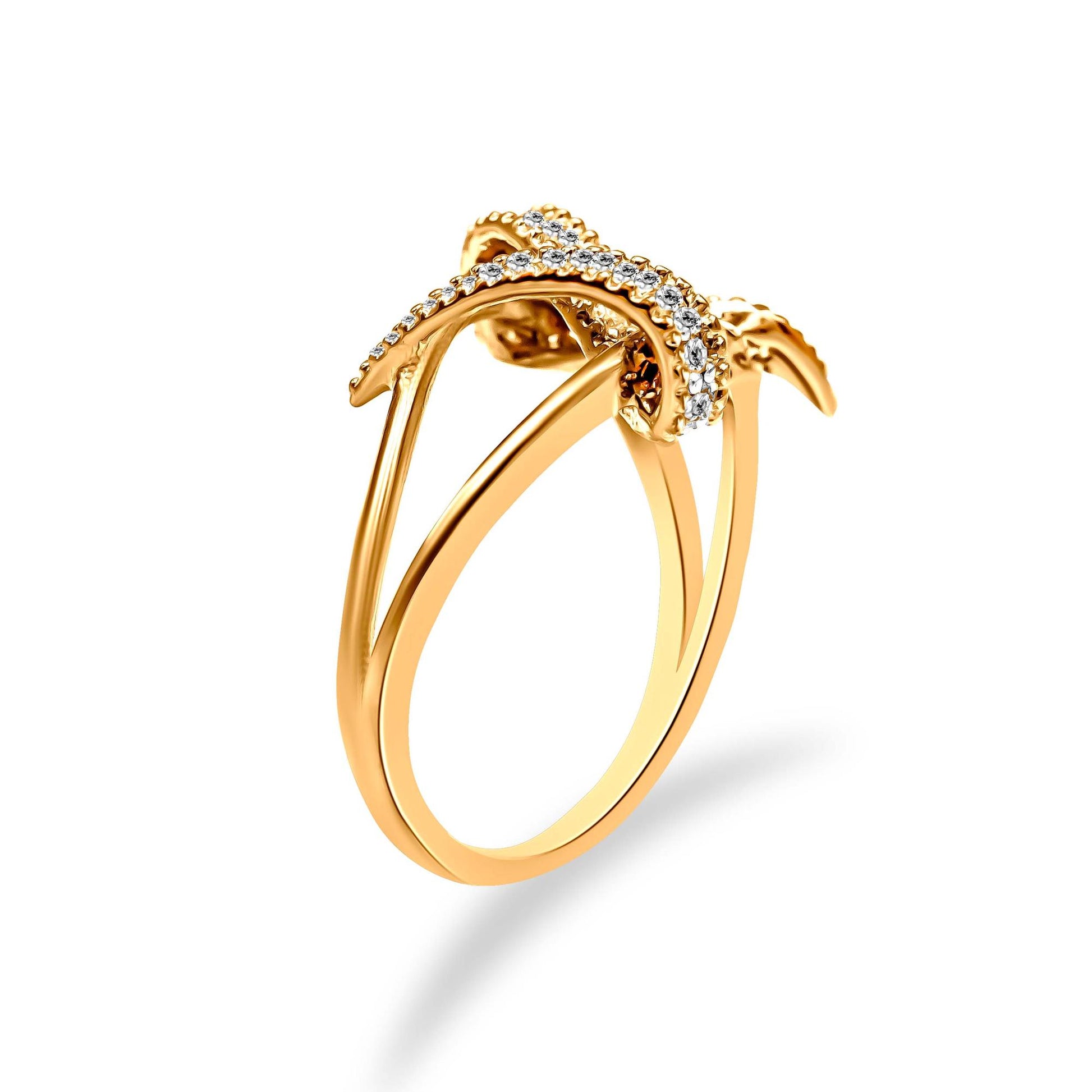 Yellow metal ring with a crisscross design and pavé-set white round gemstones, shown at a slight angle.