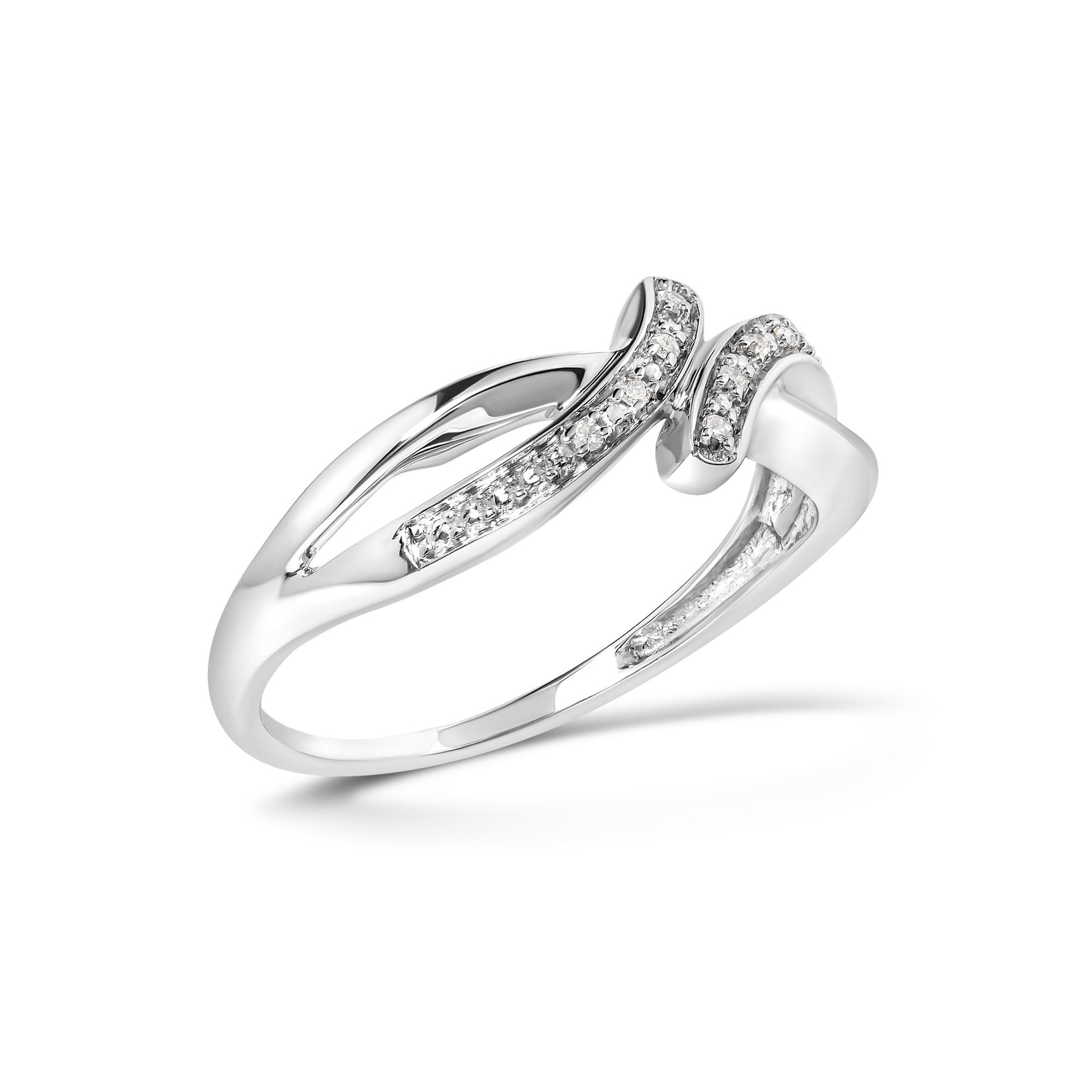 White metal ring with two curved parallel bands adorned with round white gemstones in prong setting, shown at an angled side view.