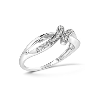 White metal ring with two curved parallel bands adorned with round white gemstones in prong setting, shown at an angled side view.