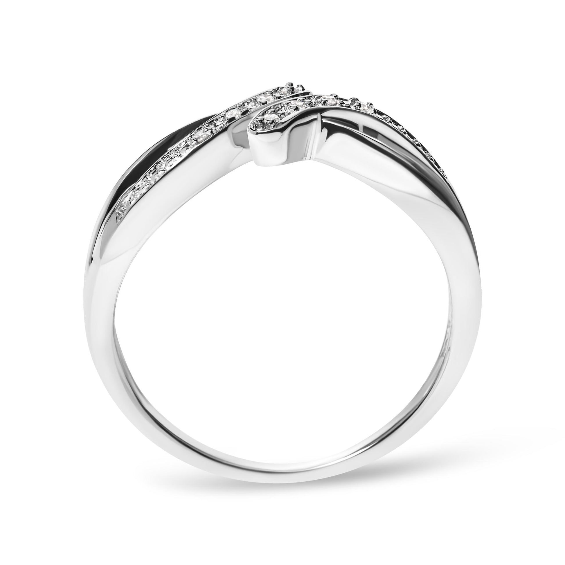 White metal ring with two intersecting bands, each set with small round white gemstones in prong settings, shown from a front angle.