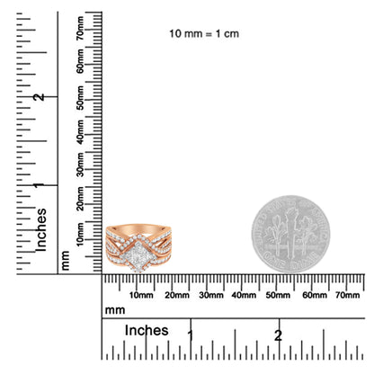 Rose and white metal ring with round and princess shape white gemstones, shown from front angle on a ruler and beside a dime for size reference.