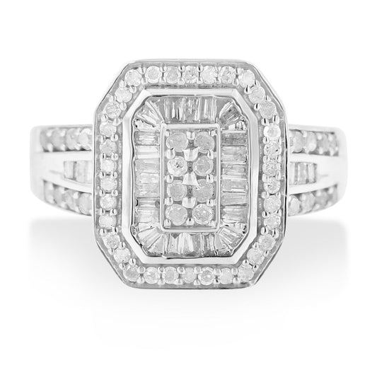 Front view of a white metal ring featuring a large rectangular cluster of prong-set round white gemstones surrounded by a frame of channel-set baguette white gemstones and an outer border of prong-set round white gemstones, with gemstone accents along the band.