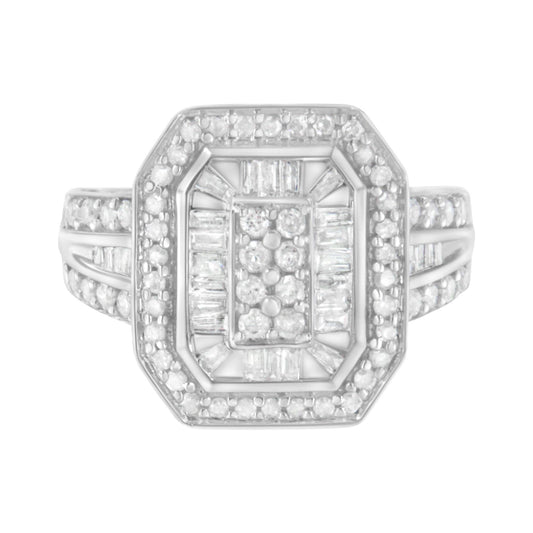 Front-facing close-up of a white metal ring featuring round prong-set white gemstones and baguette channel-set white gemstones arranged in a geometric pattern.