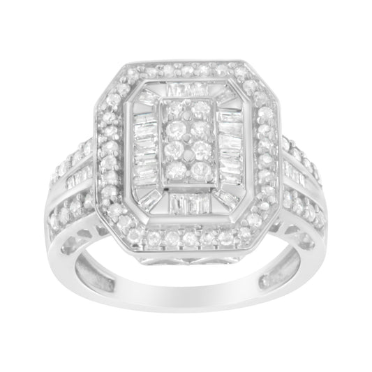Front facing white metal ring with an octagonal cluster of round prong-set white gemstones surrounded by baguette channel-set white gemstones, viewed from the top angle.