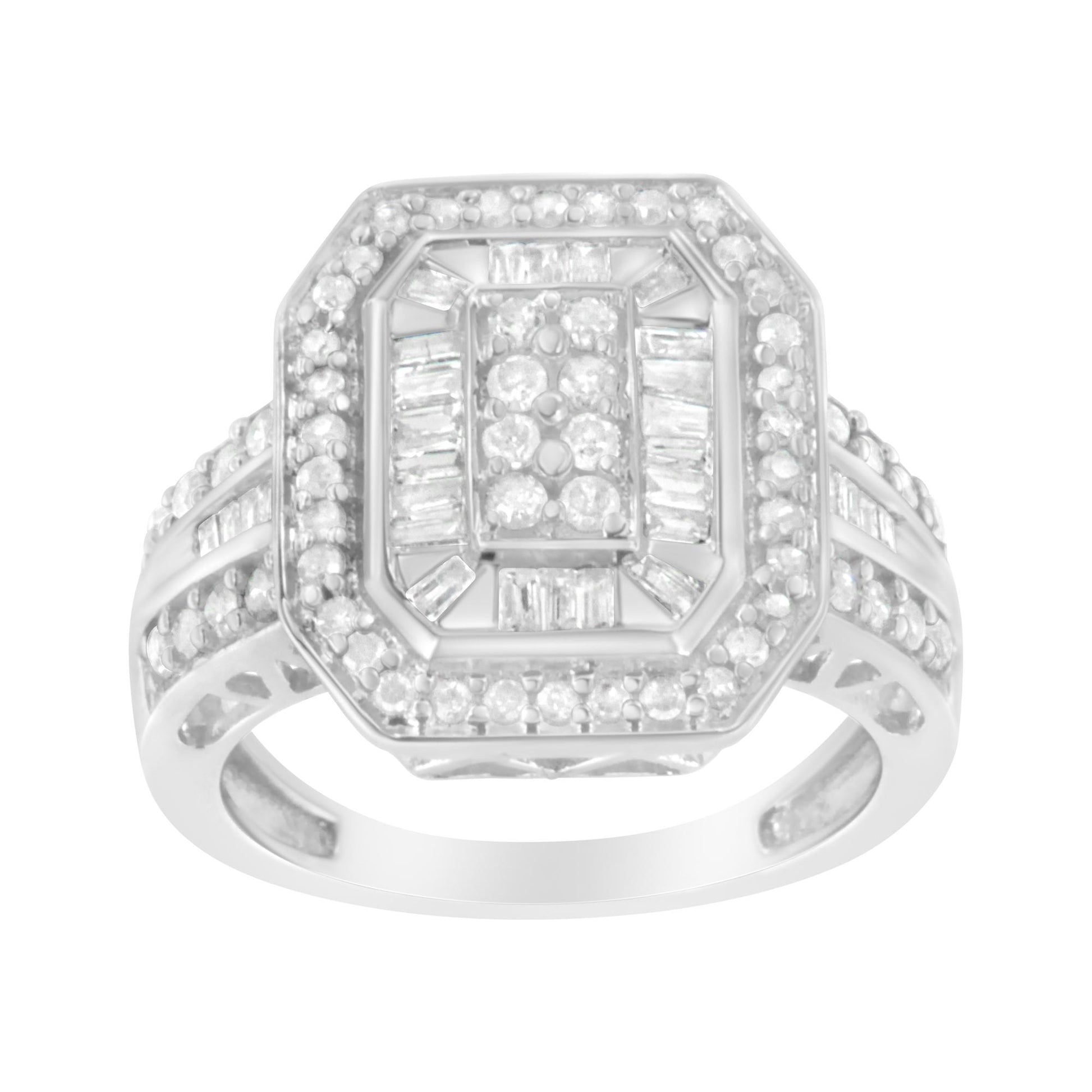 Front facing white metal ring with an octagonal cluster of round prong-set white gemstones surrounded by baguette channel-set white gemstones, viewed from the top angle.