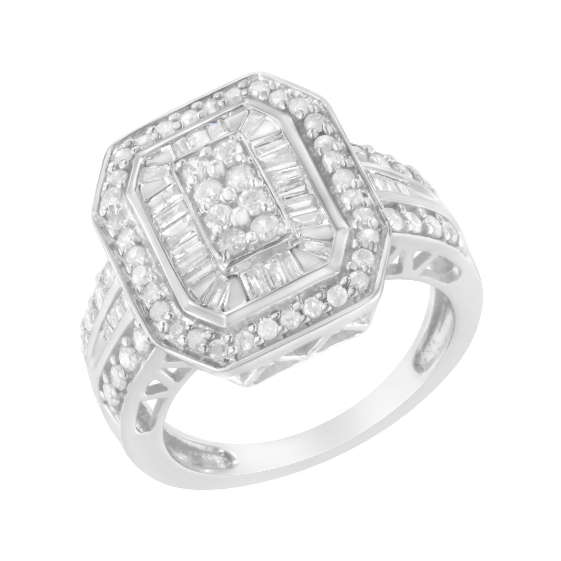 White metal ring with an octagonal cluster top featuring round prong-set white gemstones surrounded by channel-set baguette white gemstones, side of band also adorned with round white gemstones, shown at a slight angle.
