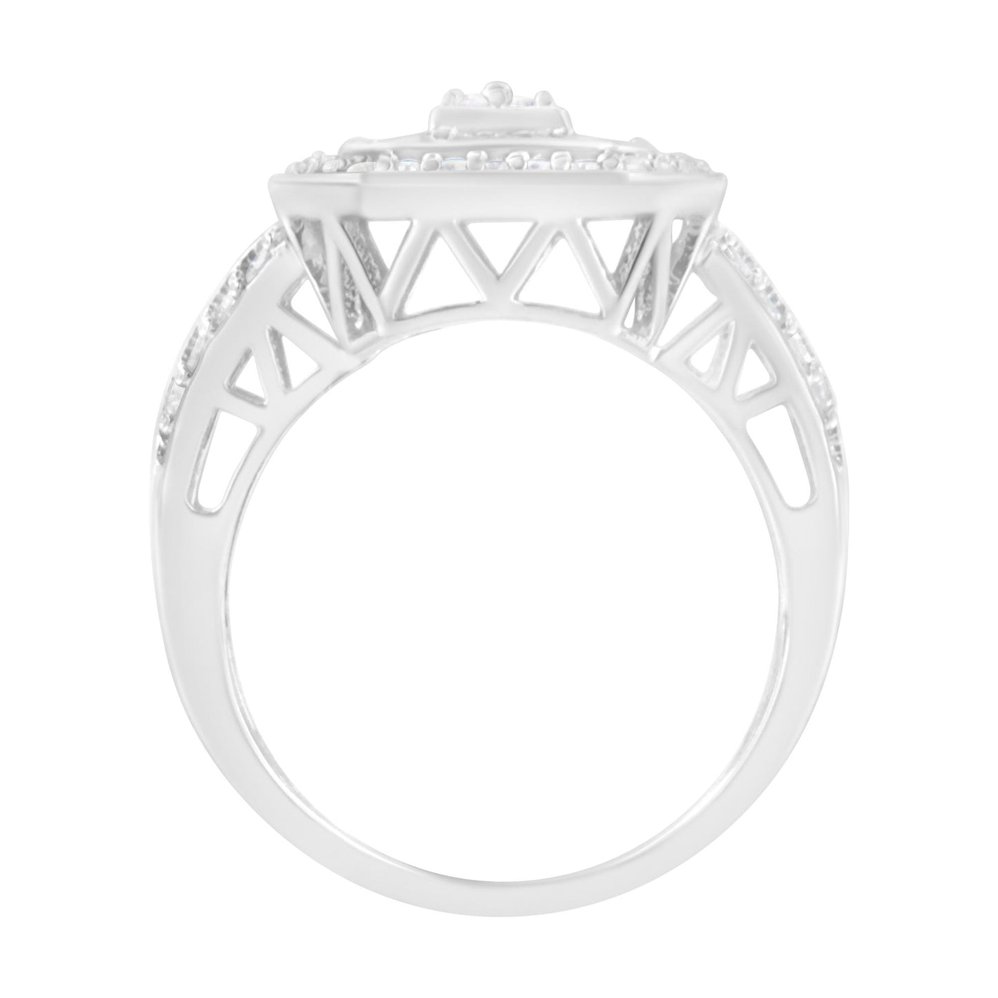 Front-facing view of a white metal ring featuring round prong-set white gemstones and baguette channel-set white gemstones along the band.