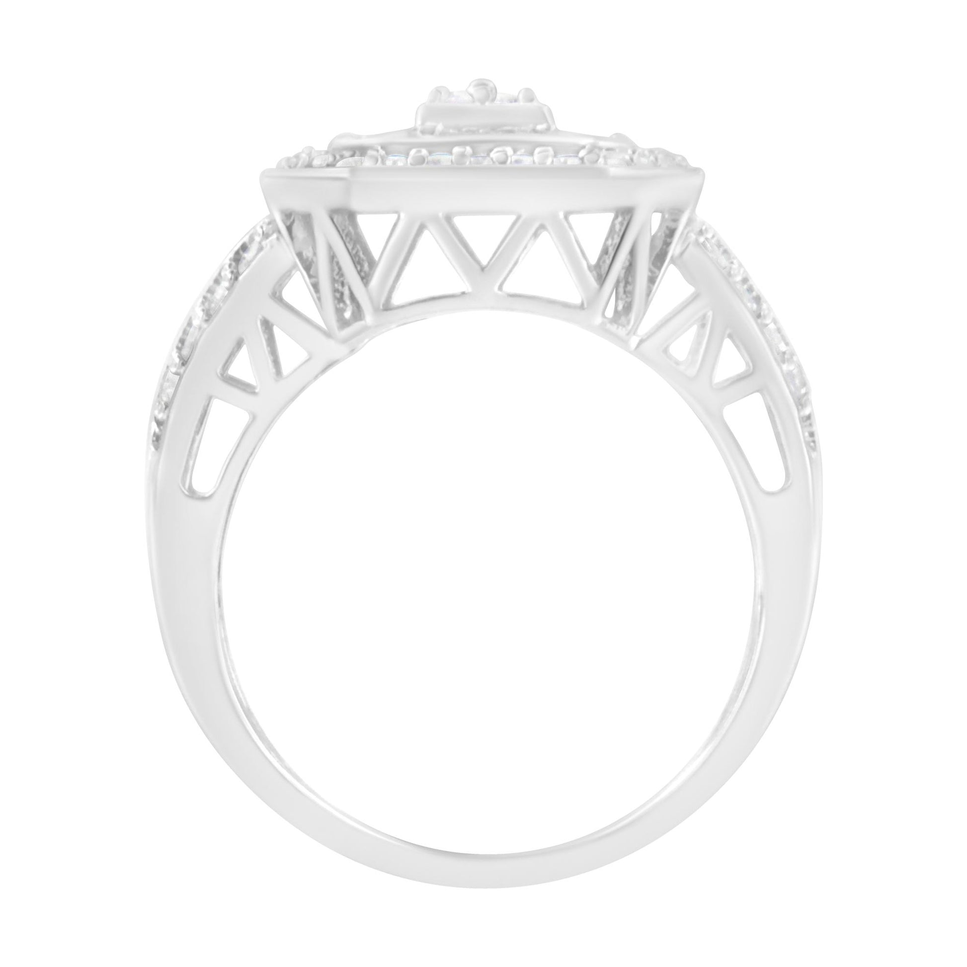 Front-facing view of a white metal ring featuring round prong-set white gemstones and baguette channel-set white gemstones along the band.
