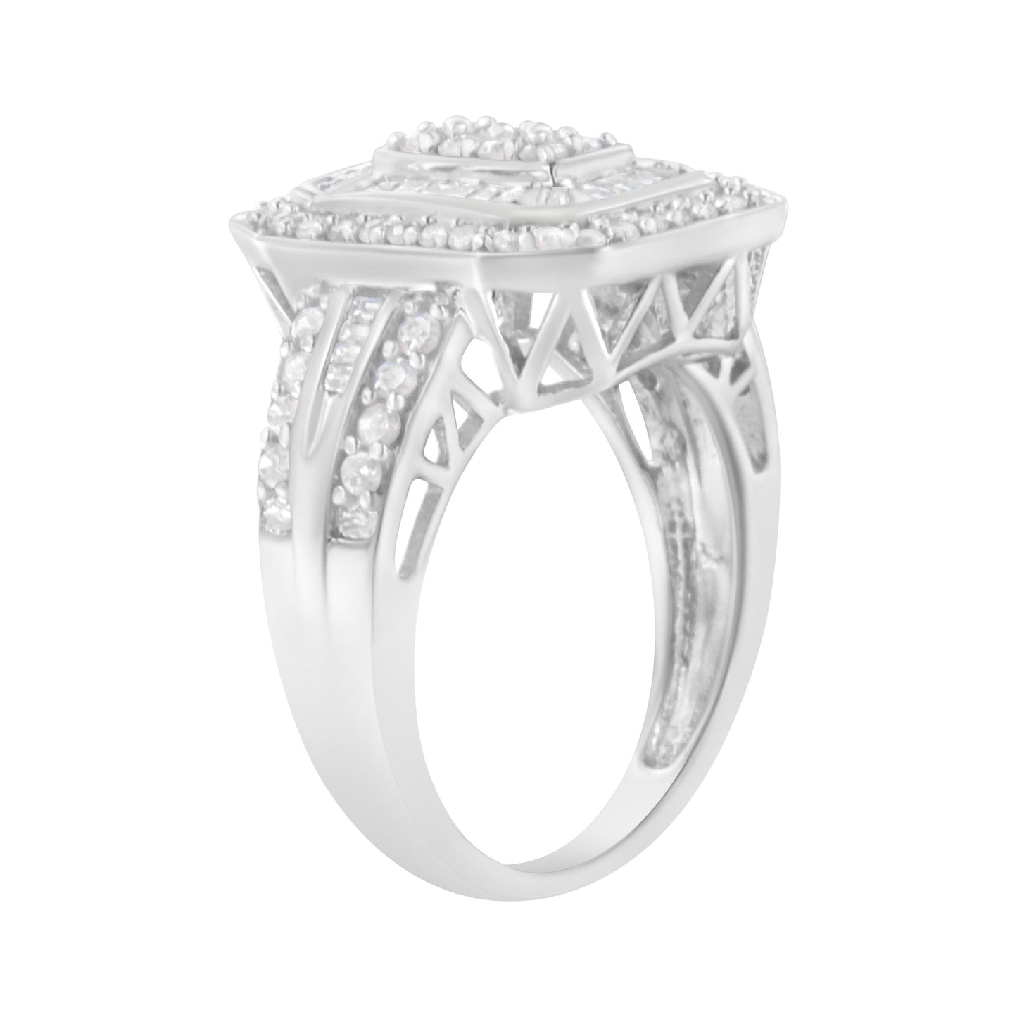 White metal ring with a rectangular top viewed from a side angle, featuring round white gemstones in prong settings and baguette white gemstones in channel settings along the band.