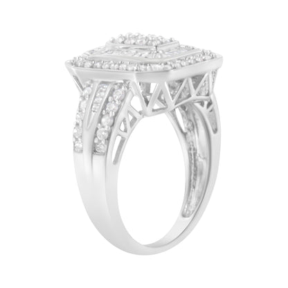 White metal ring with a rectangular top viewed from a side angle, featuring round white gemstones in prong settings and baguette white gemstones in channel settings along the band.