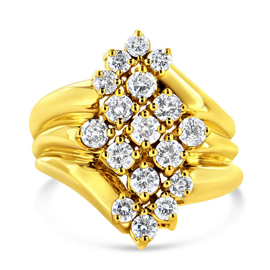 Close-up front view of a yellow ring featuring a cluster of round white gemstones in prong settings.