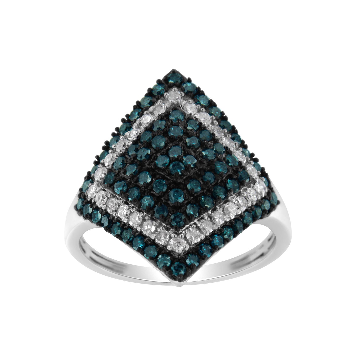 Top front angle of a white metal ring featuring round prong-set blue and white gemstones arranged in a diamond-shaped pattern.