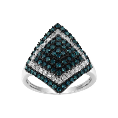 Top front angle of a white metal ring featuring round prong-set blue and white gemstones arranged in a diamond-shaped pattern.