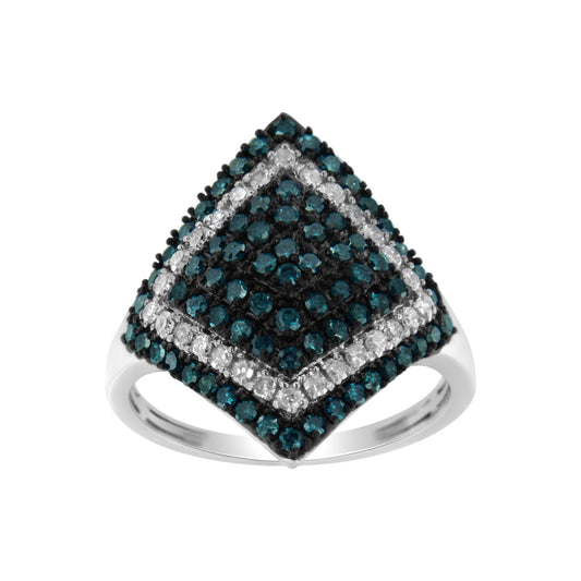 Top front angle of a white metal ring featuring round prong-set blue and white gemstones arranged in a diamond-shaped pattern.