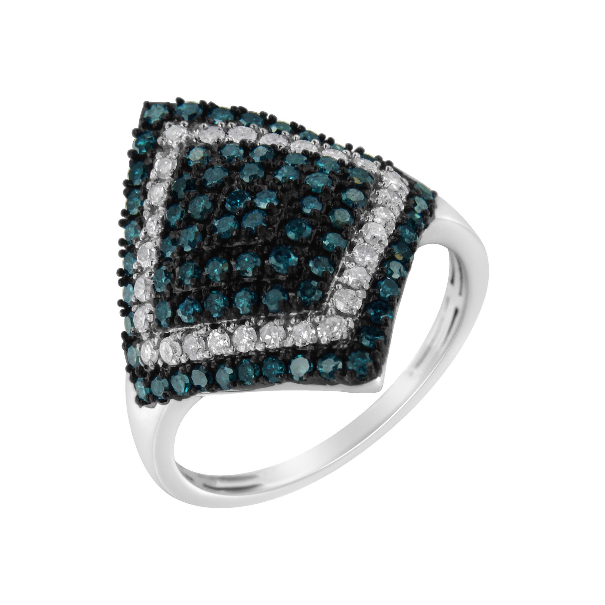 White metal ring with a square-shaped top adorned with round blue and white gemstones in prong settings, shown from a slightly tilted side angle.
