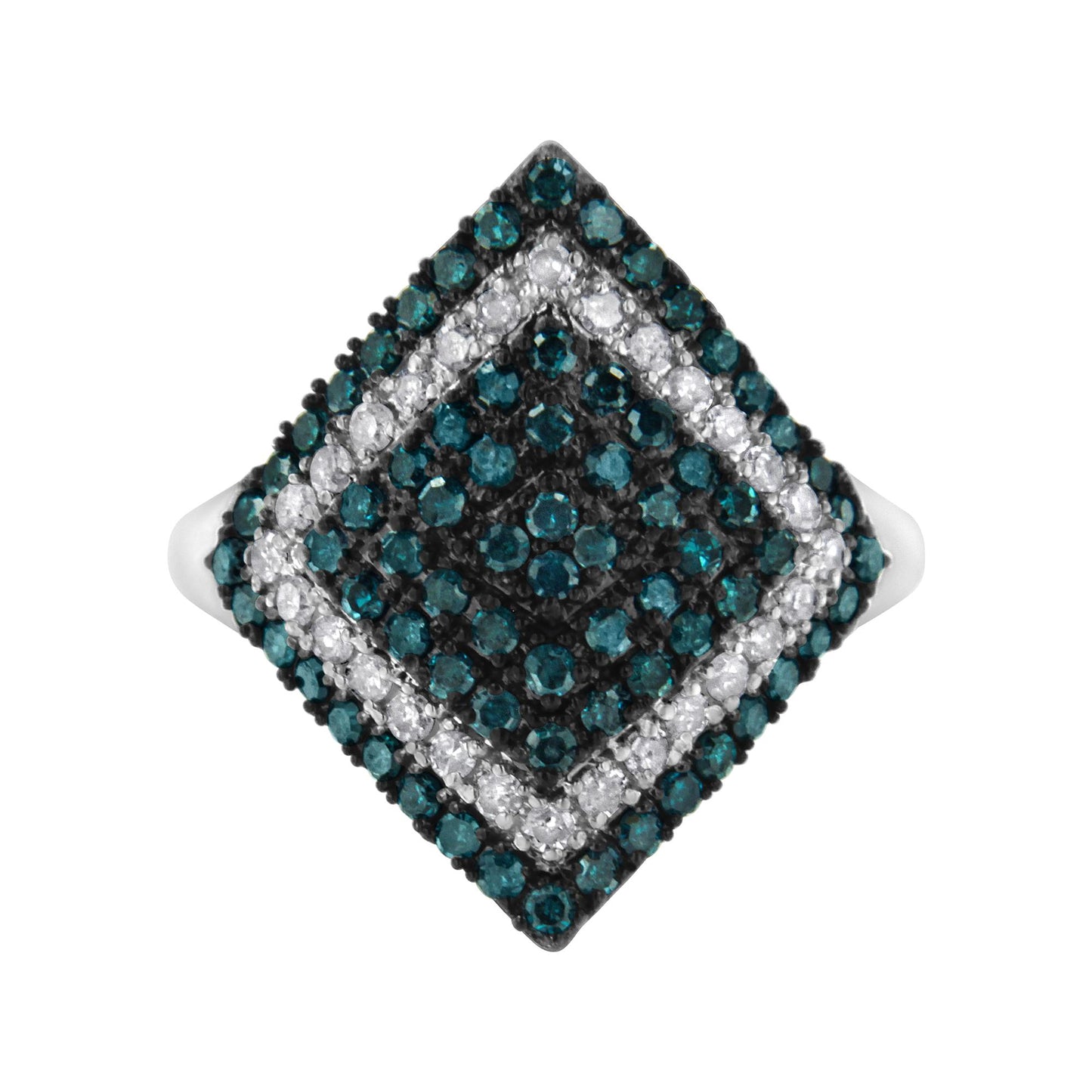 Top view of a white metal ring featuring a geometric cluster of round blue and white gemstones in prong settings.