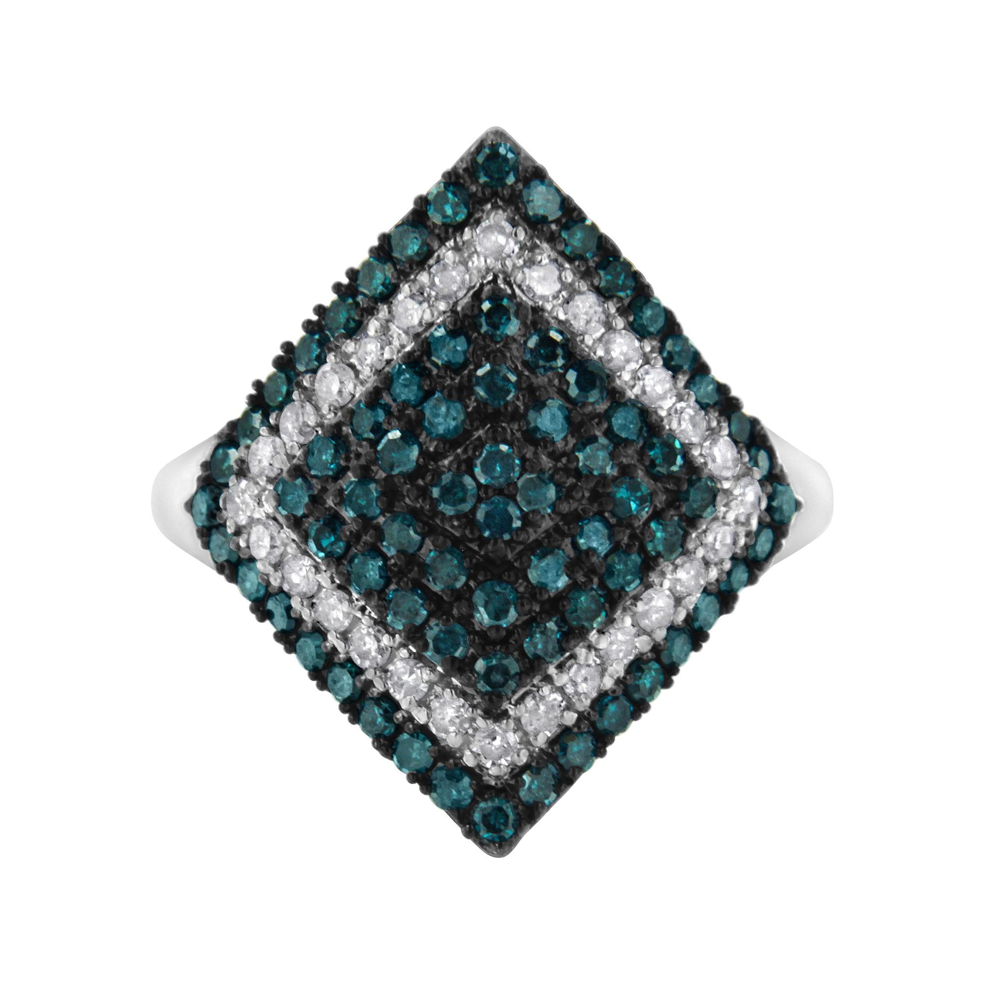 Top view of a white metal ring featuring a geometric cluster of round blue and white gemstones in prong settings.