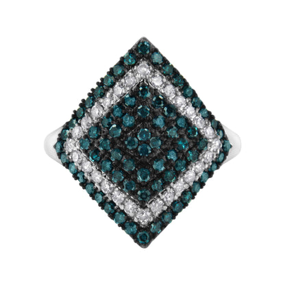 Top view of a white metal ring featuring a geometric cluster of round blue and white gemstones in prong settings.