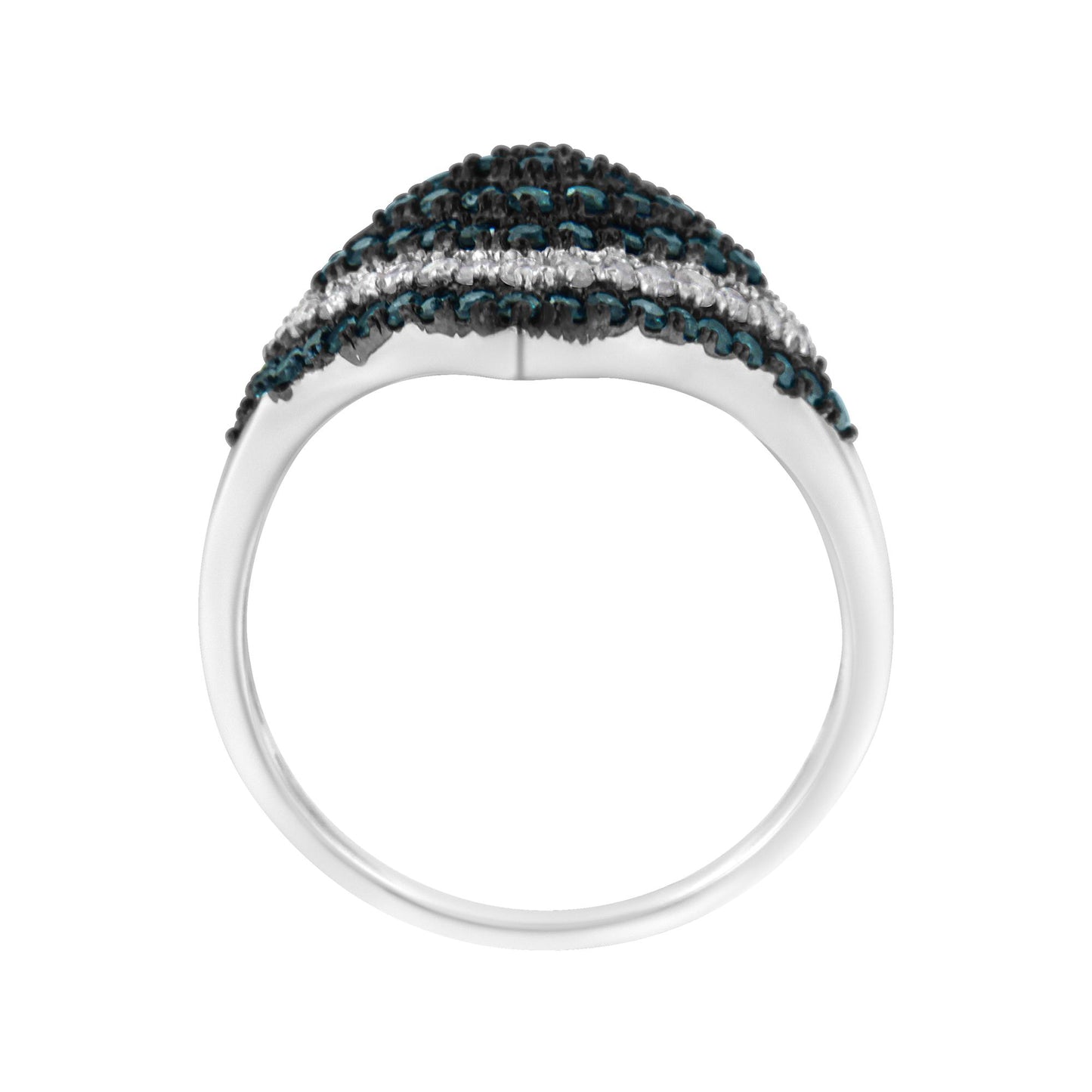 White metal ring with rows of round blue and white gemstones in prong settings, viewed from the front angle.