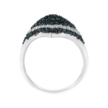 White metal ring with rows of round blue and white gemstones in prong settings, viewed from the front angle.