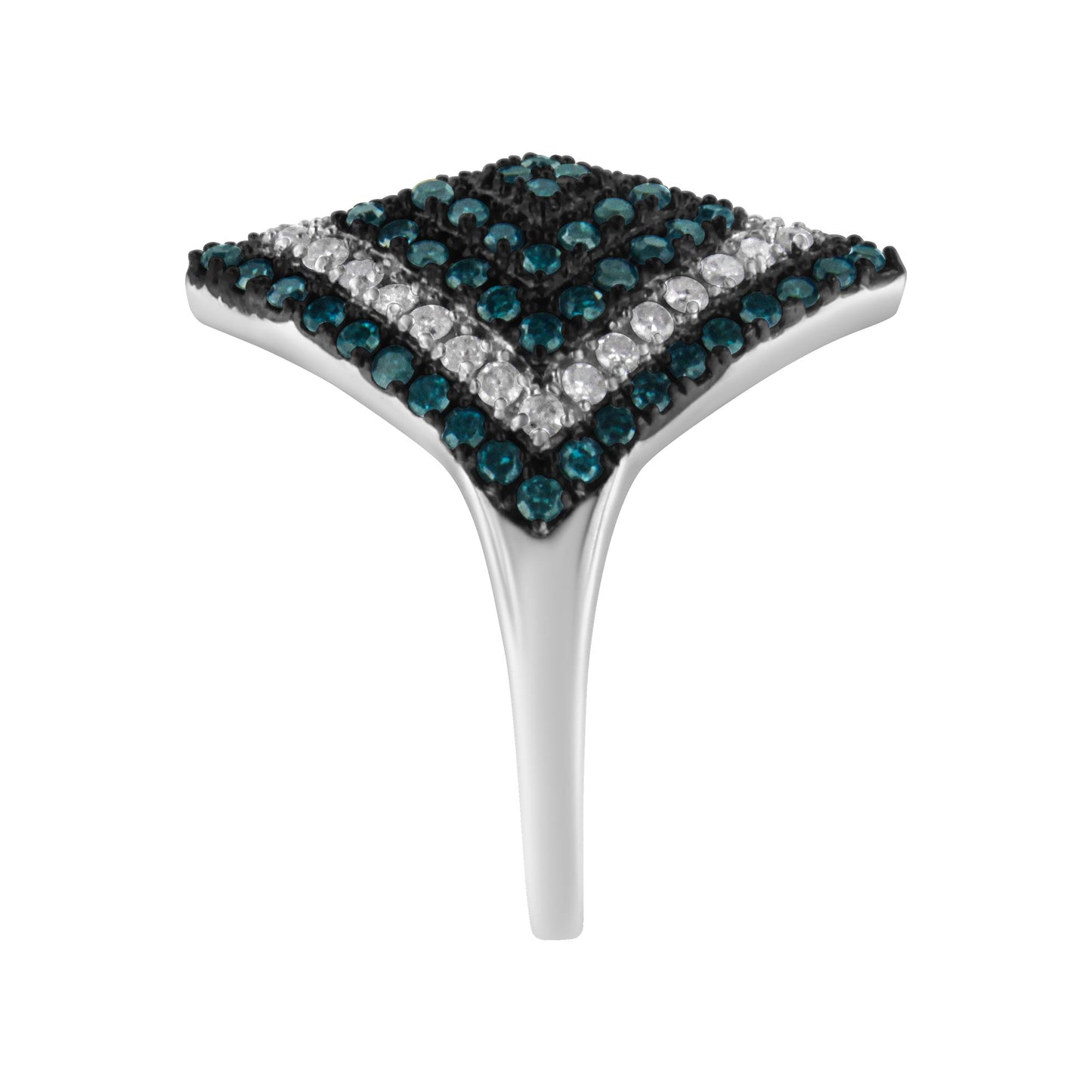 Close-up front view of a white ring featuring a square-shaped top with round blue and white gemstones set in prongs in a patterned design.