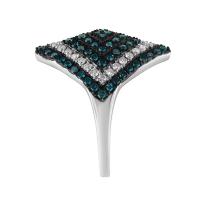 Close-up front view of a white ring featuring a square-shaped top with round blue and white gemstones set in prongs in a patterned design.