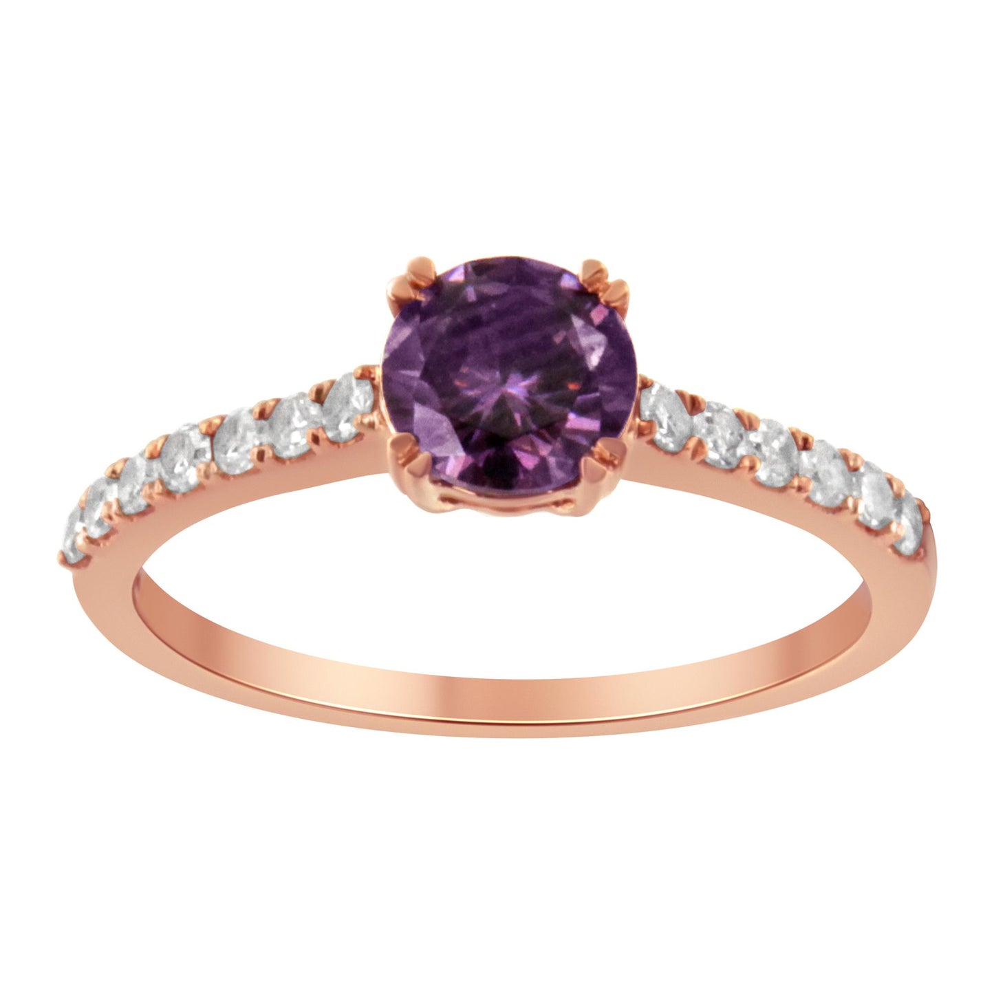 Front angle view of a rose metal ring with a round purple gemstone center and round white gemstones along the band.