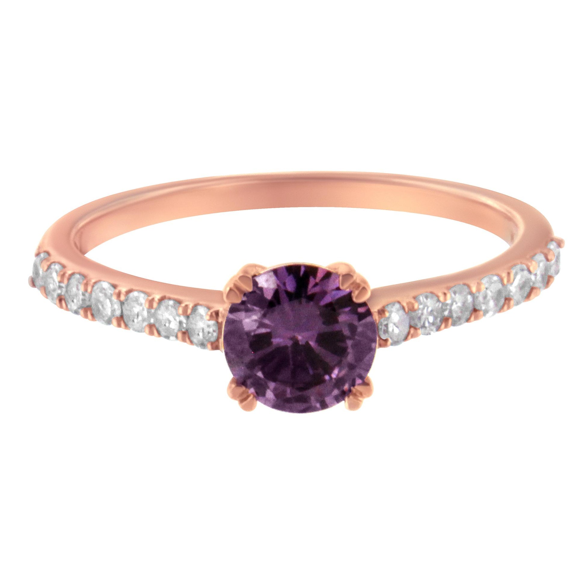Front angle view of a rose-colored ring with a round purple gemstone in the center and small white gemstones lined along the band.
